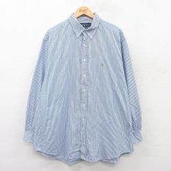 XL★古着 ラルフローレン Ralph Lauren 長袖 ブランド シャツ メンズ 90年代 90s ワンポイントロゴ オックスフォード YARMOUTH 大きいサイズ ロング丈 コットン ボタンダウン 紺他 ネイビー ストライプ 25jun17 中古 トップス