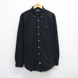 XL★古着 ラルフローレン Ralph Lauren 長袖 ブランド シャツ メンズ 90年代 90s ワンポイントロゴ オックスフォード 大きいサイズ ロング丈 コットン ボタンダウン 黒 ブラック 25jun21 中古 トップス