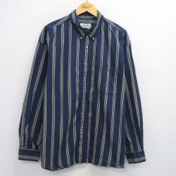 XL★古着 エディーバウアー 長袖 ブランド シャツ メンズ 00年代 00s 大きいサイズ ロング丈 コットン ボタンダウン 紺他 ネイビー ストライプ 25jun30 中古 トップス