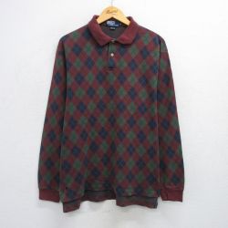 XL★古着 ラルフローレン Ralph Lauren 長袖 ブランド ポロ シャツ メンズ アーガイル コットン USA製 エンジ系他 【spe】 25jun30 中古 トップス