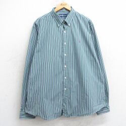 XL★古着 ラルフローレン Ralph Lauren 長袖 ブランド シャツ メンズ 90年代 90s ワンポイントロゴ 大きいサイズ コットン ボタンダウン 緑他 グリーン ストライプ 25jul01 中古 トップス