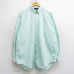 XL★古着 ラルフローレン Ralph Lauren 長袖 ブランド シャツ メンズ 90年代 90s ワンポイントロゴ BLAKE 大きいサイズ ロング丈 コットン ボタンダウン 薄緑 グリーン 25jul01 中古 トップス