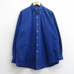 XL★古着 ラルフローレン Ralph Lauren 長袖 ブランド シャツ メンズ 90年代 90s ワンポイントロゴ BLAKE 大きいサイズ ロング丈 コットン ボタンダウン 青 ブルー 25jul01 中古 トップス