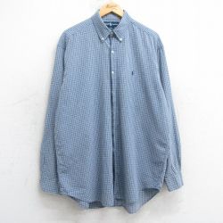【20%OFF】XL★古着 ラルフローレン Ralph Lauren 長袖 ブランド シャツ メンズ 90年代 90s ワンポイントロゴ BLAKE ロング丈 コットン ボタンダウン 薄紺他 ネイビー チェック 25jul02 中古 トップス