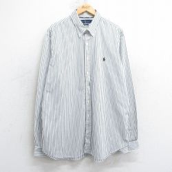 XL★古着 ラルフローレン Ralph Lauren 長袖 ブランド シャツ メンズ ワンポイントロゴ 大きいサイズ ロング丈 コットン ボタンダウン 白他 ホワイト ストライプ 25jul02 中古 トップス
