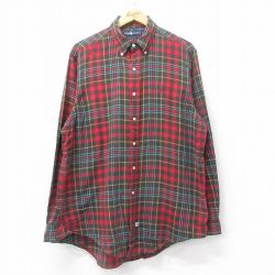 【20%OFF】XL★古着 ラルフローレン Ralph Lauren 長袖 ブランド シャツ メンズ 90年代 90s ワンポイントロゴ コットン ボタンダウン 赤他 レッド チェック 25jul05 中古 トップス