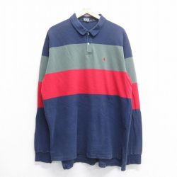 【20%OFF】XL★古着 ラルフローレン Ralph Lauren 長袖 ブランド ポロ シャツ メンズ 90年代 90s ワンポイントロゴ 鹿の子 マルチカラー コットン 紺他 ネイビー 25jul05 中古 トップス
