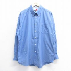 XL★古着 トミーヒルフィガー TOMMY HILFIGER 長袖 ブランド シャツ メンズ 90年代 90s ワンポイントロゴ 大きいサイズ コットン ボタンダウン 薄紺 ネイビー 25jul05 中古 トップス