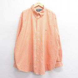 XL★古着 ラルフローレン Ralph Lauren 長袖 ブランド シャツ メンズ 90年代 90s ワンポイントロゴ 大きいサイズ ロング丈 コットン ボタンダウン オレンジ他 ギンガム チェック 25jul05 中古 トップス