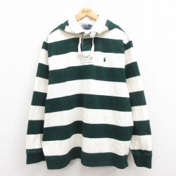 XL★古着 ラルフローレン Ralph Lauren 長袖 ブランド ラガー シャツ パーカー メンズ 90年代 90s ワンポイントロゴ 大きいサイズ コットン 緑 グリーン ボーダー 25jul29 中古 トップス