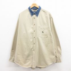 XL★古着 ノーティカ NAUTICA 長袖 ブランド シャツ メンズ 90年代 90s ワンポイントロゴ 大きいサイズ ロング丈 コットン ボタンダウン USA製 ベージュ他 カーキ 25jul30 中古 トップス