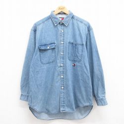 【50%OFF】XL★古着 トミーヒルフィガー TOMMY HILFIGER トミージーンズ 長袖 ブランド シャツ メンズ 90年代 90s ワンポイントロゴ コットン 紺 ネイビー デニム 25jul30 中古 トップス