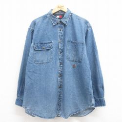 XL★古着 トミーヒルフィガー TOMMY HILFIGER 長袖 ブランド シャツ メンズ 90年代 90s ワンポイントロゴ 大きいサイズ ロング丈 コットン 紺 ネイビー デニム 【spe】 25aug02 中古 トップス