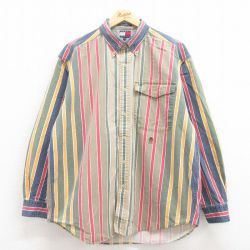 【50%OFF】XL★古着 トミーヒルフィガー TOMMY HILFIGER 長袖 ブランド シャツ メンズ 90年代 90s ワンポイントロゴ マルチカラー コットン ボタンダウン ベージュ他 カーキ ストライプ 25aug02 中古 トップス