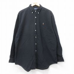 【50%OFF】XL★古着 ラルフローレン Ralph Lauren 長袖 ブランド シャツ メンズ 90年代 90s ワンポイントロゴ 大きいサイズ ロング丈 コットン ボタンダウン 黒 ブラック 25aug12 中古 トップス