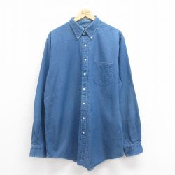 XL★古着 ランズエンド 長袖 ブランド シャツ メンズ 大きいサイズ ロング丈 コットン ボタンダウン 紺 ネイビー デニム 25aug18 中古 トップス