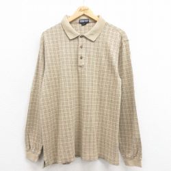 L★古着 ランズエンド 長袖 ブランド ポロ シャツ メンズ コットン ベージュ他 カーキ チェック 25aug18 中古 トップス