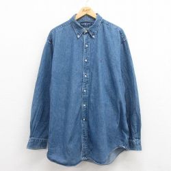 XL★古着 ラルフローレン Ralph Lauren 長袖 ブランド シャツ メンズ 90年代 90s ワンポイントロゴ 大きいサイズ ロング丈 コットン ボタンダウン 紺 ネイビー デニム 【spe】 25aug18 中古 トップス
