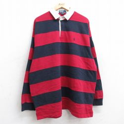 XL★古着 ラルフローレン Ralph Lauren 長袖 ブランド ラガー シャツ メンズ 90年代 90s ワンポイントロゴ 大きいサイズ ロング丈 コットン 赤他 レッド ボーダー 25aug18 中古 トップス