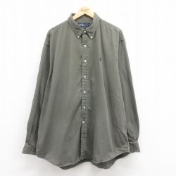 【50%OFF】XL★古着 ラルフローレン Ralph Lauren 長袖 ブランド シャツ メンズ 90年代 90s ワンポイントロゴ 大きいサイズ ロング丈 コットン ボタンダウン 緑 グリーン 25aug18 中古 トップス