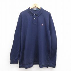 XL★古着 ラルフローレン Ralph Lauren 長袖 ブランド ポロ シャツ メンズ 90年代 90s ワンポイントロゴ 鹿の子 コットン 紺 ネイビー 25aug18 中古 トップス