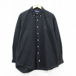 XL★古着 ラルフローレン Ralph Lauren 長袖 ブランド シャツ メンズ 90年代 90s ワンポイントロゴ ロング丈 大きいサイズ コットン ボタンダウン 黒 ブラック 【spe】 25aug22 中古 トップス