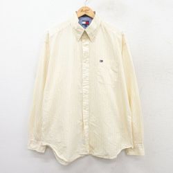 XL★古着 トミーヒルフィガー TOMMY HILFIGER 長袖 ブランド シャツ メンズ 90年代 90s ワンポイントロゴ 大きいサイズ ロング丈 コットン ボタンダウン 黄他 イエロー ストライプ 25aug22 中古 トップス