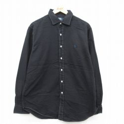 【20%OFF】XL★古着 ラルフローレン Ralph Lauren 長袖 ブランド シャツ メンズ 90年代 90s ワンポイントロゴ PHILIP コットン ボタンダウン 黒 ブラック 25aug22 中古 トップス