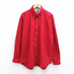 XL★古着 トミーヒルフィガー TOMMY HILFIGER 長袖 ブランド シャツ メンズ 90年代 90s ワンポイントロゴ 大きいサイズ ロング丈 コットン ボタンダウン 赤 レッド 25sep01 中古 トップス