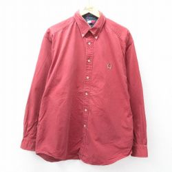 XL★古着 トミーヒルフィガー TOMMY HILFIGER 長袖 ブランド シャツ メンズ 90年代 90s ワンポイントロゴ 大きいサイズ コットン ボタンダウン 赤系 レッド 25sep02 中古 トップス