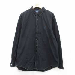 XL★古着 ラルフローレン Ralph Lauren 長袖 ブランド シャツ メンズ 90年代 90s ワンポイントロゴ YARMOUTH 大きいサイズ ロング丈 コットン ボタンダウン 黒 ブラック 25sep02 中古 トップス