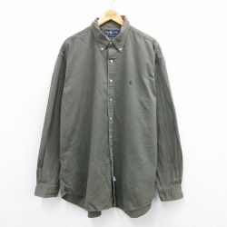 XL★古着 ラルフローレン Ralph Lauren 長袖 ブランド シャツ メンズ 90年代 90s ワンポイントロゴ 大きいサイズ ロング丈 コットン ボタンダウン 濃緑 グリーン 25sep02 中古 トップス