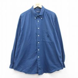 XL★古着 ノーティカ NAUTICA 長袖 ブランド シャツ メンズ 90年代 90s ワンポイントロゴ 大きいサイズ ロング丈 コットン ボタンダウン USA製 紺 ネイビー 25sep02 中古 トップス