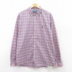 XL★古着 ラルフローレン Ralph Lauren 長袖 ブランド シャツ メンズ 90年代 90s ワンポイントロゴ 大きいサイズ コットン ボタンダウン ピンク系他 チェック 25sep09 中古 トップス
