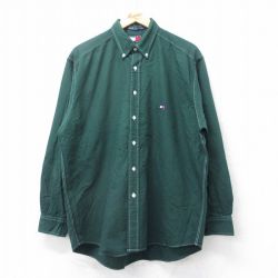 XL★古着 トミーヒルフィガー TOMMY HILFIGER 長袖 ブランド シャツ メンズ 90年代 90s ワンポイントロゴ コットン ボタンダウン 緑 グリーン 25sep11 中古 トップス