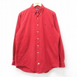 XL★古着 ラルフローレン Ralph Lauren 長袖 ブランド シャツ メンズ 90年代 90s ワンポイントロゴ ロング丈 コットン ボタンダウン 赤 レッド 25sep11 中古 トップス