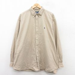 XL★古着 ラルフローレン Ralph Lauren 長袖 ブランド シャツ メンズ 90年代 90s ワンポイントロゴ BLAKE 大きいサイズ ロング丈 コットン ボタンダウン ベージュ カーキ 25sep20 中古 トップス