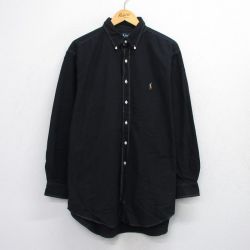 XL★古着 ラルフローレン Ralph Lauren 長袖 ブランド シャツ メンズ 90年代 90s ワンポイントロゴ YARMOUTH 大きいサイズ ロング丈 コットン ボタンダウン 黒 ブラック 25sep25 中古 トップス