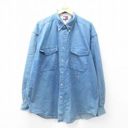 XL★古着 トミーヒルフィガー TOMMY HILFIGER 長袖 ブランド シャツ メンズ 90年代 90s ワンポイントロゴ 大きいサイズ ロング丈 コットン ボタンダウン 紺 ネイビー デニム 25oct03 中古 トップス