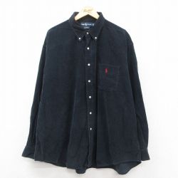 XL★古着 ラルフローレン Ralph Lauren 長袖 ブランド シャツ メンズ 90年代 90s ワンポイントロゴ BIG SHIRT コーデュロイ 大きいサイズ ロング丈 コットン ボタンダウン 黒 ブラック 【spe】 25oct07 中古 トップス
