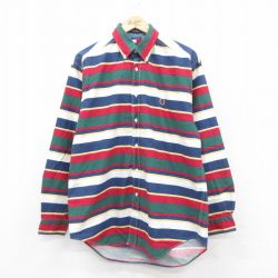 L★古着 トミーヒルフィガー TOMMY HILFIGER 長袖 ブランド シャツ メンズ 90年代 90s ロング丈 コットン ボタンダウン 緑他 グリーン ボーダー 【spe】 25oct15 中古 トップス