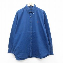 XL★古着 ラルフローレン Ralph Lauren 長袖 ブランド シャツ メンズ 90年代 90s ワンポイントロゴ BLAIRE 大きいサイズ ロング丈 コットン ボタンダウン 紺 ネイビー 25oct15 中古 トップス