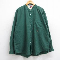 XL★古着 トミーヒルフィガー TOMMY HILFIGER 長袖 ブランド シャツ メンズ 90年代 90s ワンポイントロゴ 大きいサイズ ロング丈 リネン ノーカラー 緑 グリーン 25oct18 中古 トップス