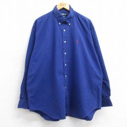 XL★古着 ラルフローレン Ralph Lauren 長袖 ブランド シャツ メンズ 90年代 90s ワンポイントロゴ BLAIRE 大きいサイズ ロング丈 コットン ボタンダウン 青 ブルー 25oct20 中古 トップス