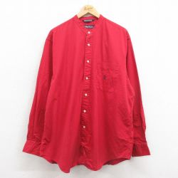 XL★古着 ノーティカ NAUTICA 長袖 ブランド シャツ メンズ 90年代 90s ワンポイントロゴ 大きいサイズ ロング丈 コットン ノーカラー USA製 赤 レッド 25oct23 中古 トップス
