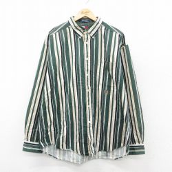 XL★古着 トミーヒルフィガー 長袖 ブランド シャツ メンズ 90年代 90s ワンポイントロゴ 大きいサイズ コットン ボタンダウン 緑他 ストライプ 25nov11