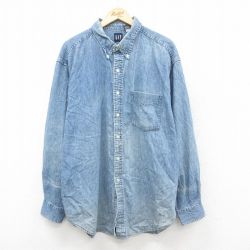 XL★古着 ギャップ GAP 長袖 ブランド シャツ メンズ 00年代 00s 大きいサイズ ロング丈 コットン ボタンダウン 薄紺 デニム 25nov11