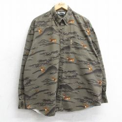 XL★古着 コロンビア 長袖 ブランド シャツ メンズ 00年代 00s シカ 総柄 ダック地 コットン ボタンダウン 濃緑【spe】 25nov15