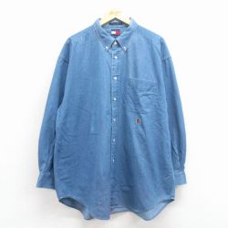 XL★古着 トミーヒルフィガー 長袖 ブランド シャツ メンズ 90年代 90s ワンポイントロゴ 大きいサイズ ロング丈 コットン ボタンダウン 紺 25nov19