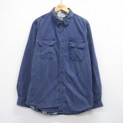 XL★古着 エルエルビーン 長袖 ブランド シャツ メンズ 80年代 80s 大きいサイズ ロング丈 コットン USA製 紺 内側フランネル 25dec20